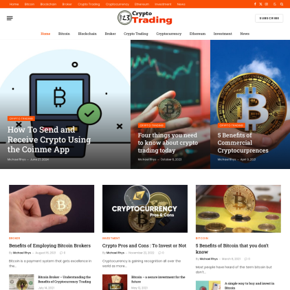 A detailed screenshot showcasing the homepage of 123cryptotrading.com, highlighting its main features and design elements.