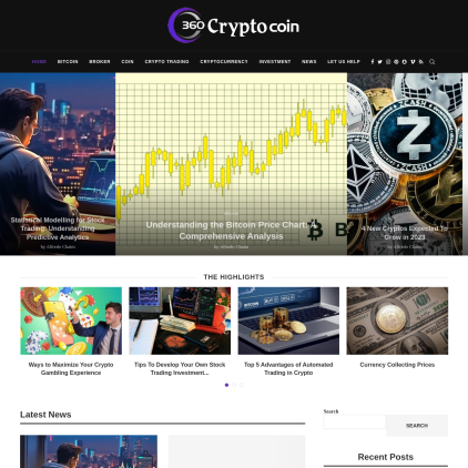 A detailed screenshot showcasing the homepage of 360cryptocoin.com, highlighting its main features and design elements.