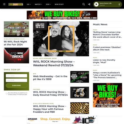 A detailed screenshot showcasing the homepage of 95wiilrock.com, highlighting its main features and design elements.