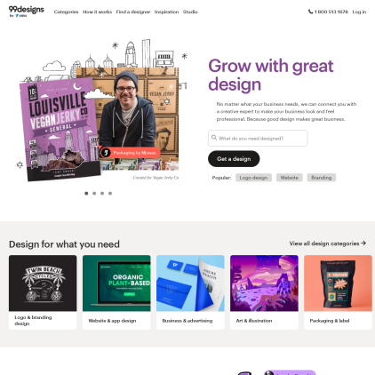 A detailed screenshot showcasing the homepage of 99designs.com, highlighting its main features and design elements.