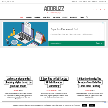 A detailed screenshot showcasing the homepage of Adobuzz.com, highlighting its main features and design elements.