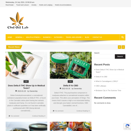 A detailed screenshot showcasing the homepage of CBDOilLab.net, highlighting its main features and design elements.