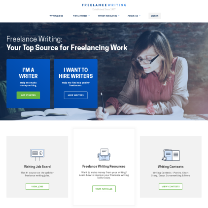 A detailed screenshot showcasing the homepage of FreelanceWriting.com, highlighting its main features and design elements.