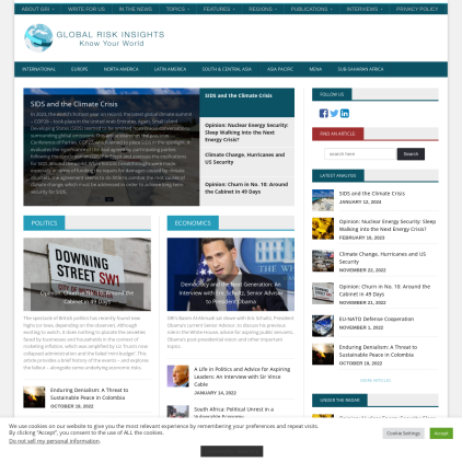 A detailed screenshot showcasing the homepage of Globalriskinsights.com, highlighting its main features and design elements.