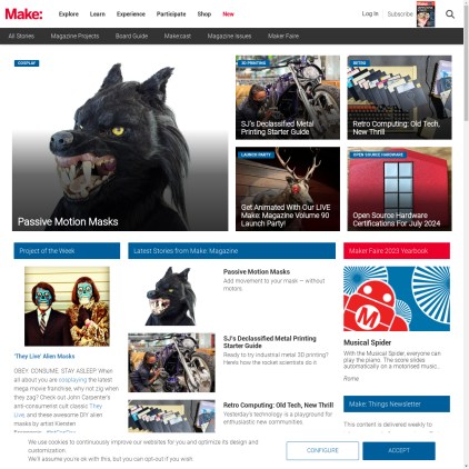 A detailed screenshot showcasing the homepage of Makezine.com, highlighting its main features and design elements.