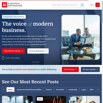 A detailed screenshot showcasing the homepage of acquisition-international.com, highlighting its main features and design elements.