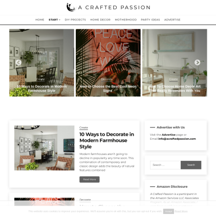 A detailed screenshot showcasing the homepage of acraftedpassion.com, highlighting its main features and design elements.