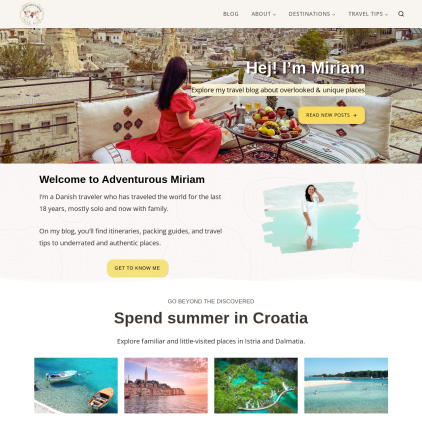 A detailed screenshot showcasing the homepage of adventurousmiriam.com, highlighting its main features and design elements.