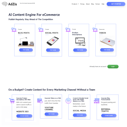 A detailed screenshot showcasing the homepage of adzis.com, highlighting its main features and design elements.