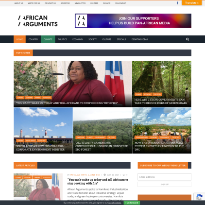 A detailed screenshot showcasing the homepage of africanarguments.org, highlighting its main features and design elements.