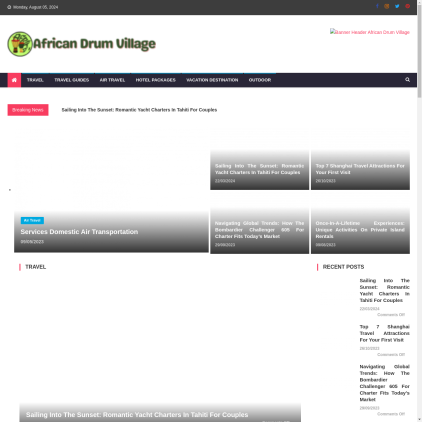 A detailed screenshot showcasing the homepage of africandrumvillage.com, highlighting its main features and design elements.