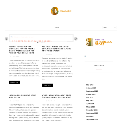 A detailed screenshot showcasing the homepage of afrobella.com, highlighting its main features and design elements.