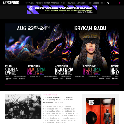 A detailed screenshot showcasing the homepage of afropunk.com, highlighting its main features and design elements.