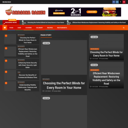 A detailed screenshot showcasing the homepage of akasakaramen.com, highlighting its main features and design elements.