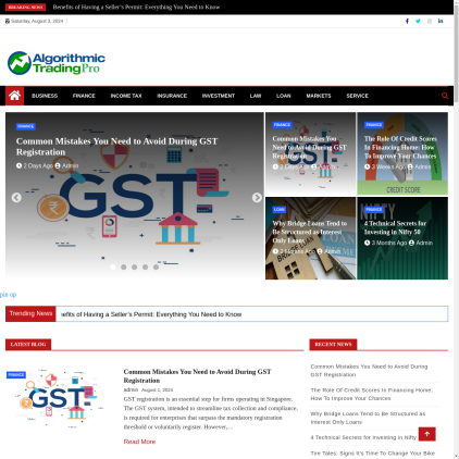 A detailed screenshot showcasing the homepage of algorithmictradingpro.com, highlighting its main features and design elements.