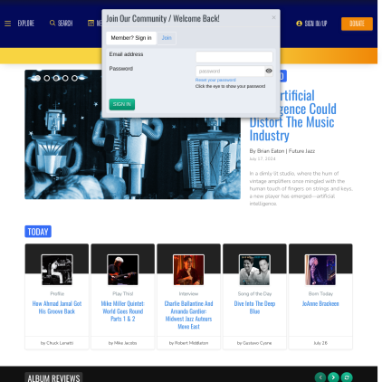 A detailed screenshot showcasing the homepage of allaboutjazz.com, highlighting its main features and design elements.