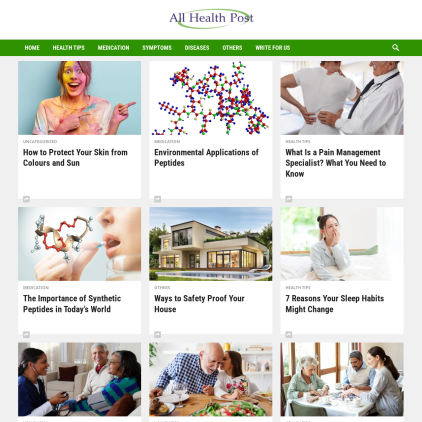 A detailed screenshot showcasing the homepage of allhealthpost.com, highlighting its main features and design elements.