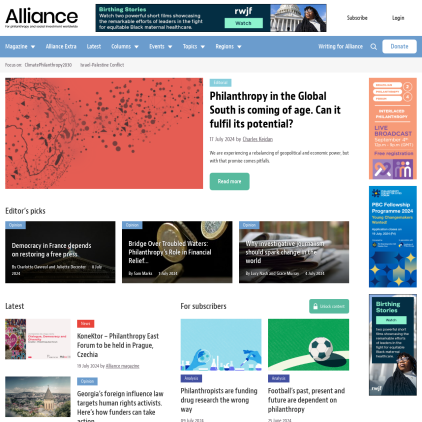 A detailed screenshot showcasing the homepage of alliancemagazine.org, highlighting its main features and design elements.