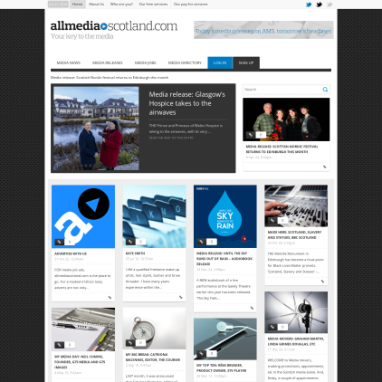 A detailed screenshot showcasing the homepage of allmediascotland.com, highlighting its main features and design elements.