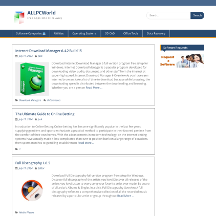 A detailed screenshot showcasing the homepage of allpcworld.com, highlighting its main features and design elements.