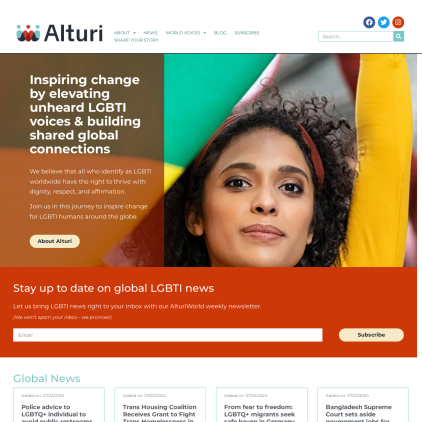 A detailed screenshot showcasing the homepage of alturi.org, highlighting its main features and design elements.