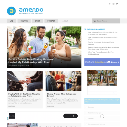 A detailed screenshot showcasing the homepage of amendo.com, highlighting its main features and design elements.