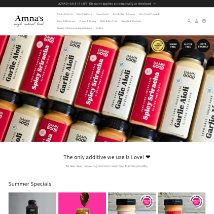 A detailed screenshot showcasing the homepage of amnasorganics.com, highlighting its main features and design elements.