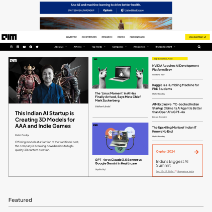 A detailed screenshot showcasing the homepage of analyticsindiamag.com, highlighting its main features and design elements.