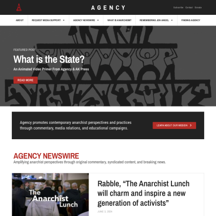 A detailed screenshot showcasing the homepage of anarchistagency.com, highlighting its main features and design elements.