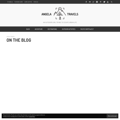 A detailed screenshot showcasing the homepage of angelatravels.com, highlighting its main features and design elements.