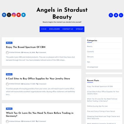 A detailed screenshot showcasing the homepage of angelsinstardust.com, highlighting its main features and design elements.