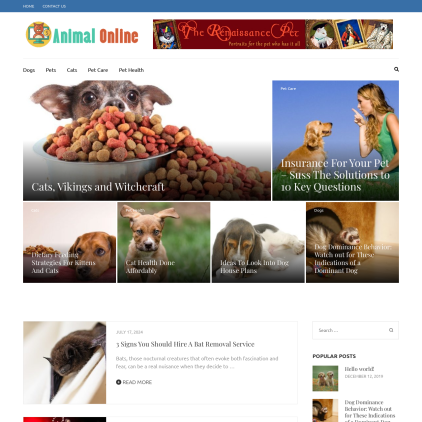 A detailed screenshot showcasing the homepage of animalonline.info, highlighting its main features and design elements.