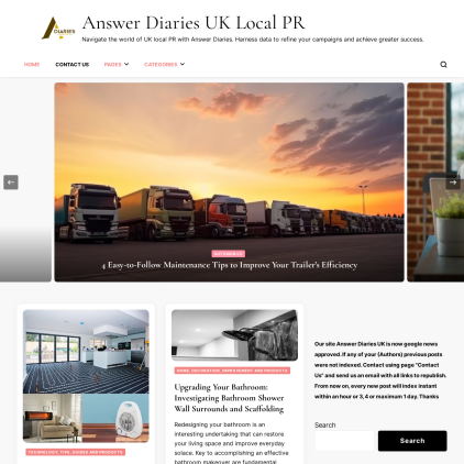 A detailed screenshot showcasing the homepage of answerdiaries.co.uk, highlighting its main features and design elements.