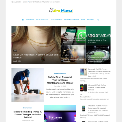 A detailed screenshot showcasing the homepage of apkmama.com, highlighting its main features and design elements.