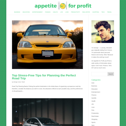 A detailed screenshot showcasing the homepage of appetiteforprofit.com, highlighting its main features and design elements.