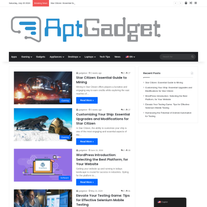 A detailed screenshot showcasing the homepage of aptgadget.com, highlighting its main features and design elements.