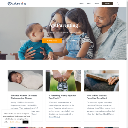 A detailed screenshot showcasing the homepage of aptparenting.com, highlighting its main features and design elements.