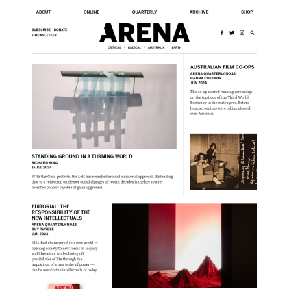 A detailed screenshot showcasing the homepage of arena.org.au, highlighting its main features and design elements.