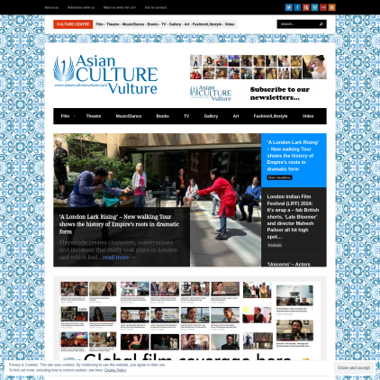 A detailed screenshot showcasing the homepage of asianculturevulture.com, highlighting its main features and design elements.