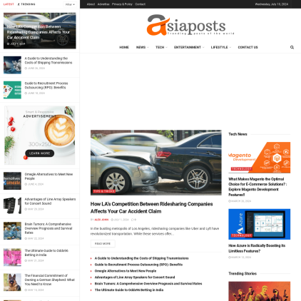 A detailed screenshot showcasing the homepage of asiaposts.com, highlighting its main features and design elements.