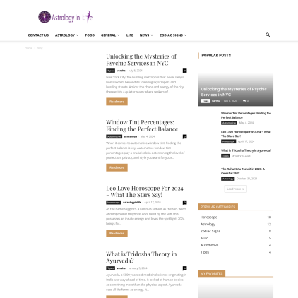 A detailed screenshot showcasing the homepage of astrologyinlife.com, highlighting its main features and design elements.