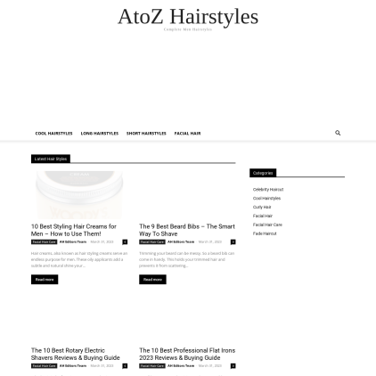 A detailed screenshot showcasing the homepage of atozhairstyles.com, highlighting its main features and design elements.