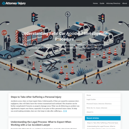 A detailed screenshot showcasing the homepage of attorney4injury.com, highlighting its main features and design elements.