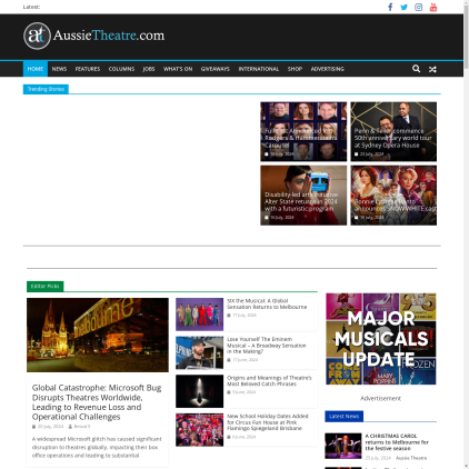 A detailed screenshot showcasing the homepage of aussietheatre.com.au, highlighting its main features and design elements.