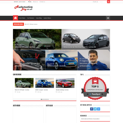 A detailed screenshot showcasing the homepage of automotiveblog.co.uk, highlighting its main features and design elements.