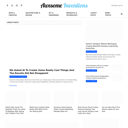 A detailed screenshot showcasing the homepage of awesomeinventions.com, highlighting its main features and design elements.