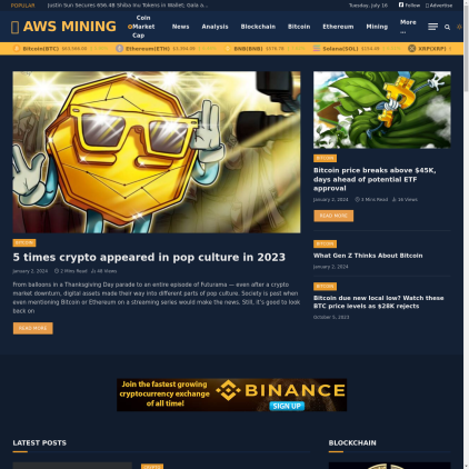 A detailed screenshot showcasing the homepage of awsmining.com, highlighting its main features and design elements.