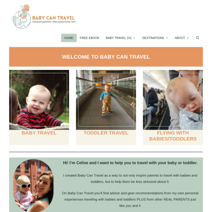 A detailed screenshot showcasing the homepage of babycantravel.com, highlighting its main features and design elements.