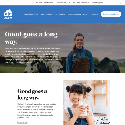 A detailed screenshot showcasing the homepage of bcdairy.ca, highlighting its main features and design elements.