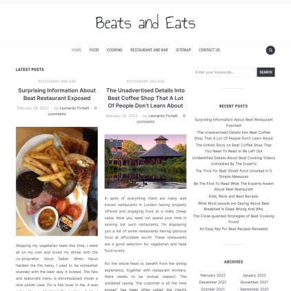 A detailed screenshot showcasing the homepage of beatsandeats.net, highlighting its main features and design elements.